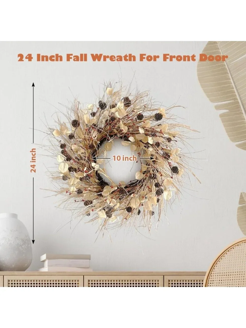 24-Inch Autumn Wreath for Front Door Decor with Pinecones & Red Berries